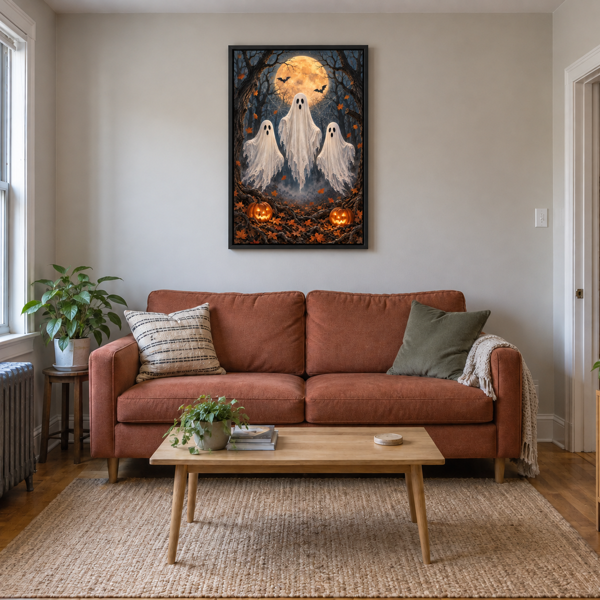 Three Friendly Ghosts Moonlit Forest Halloween — Black Frame room scene | AUSJOJO