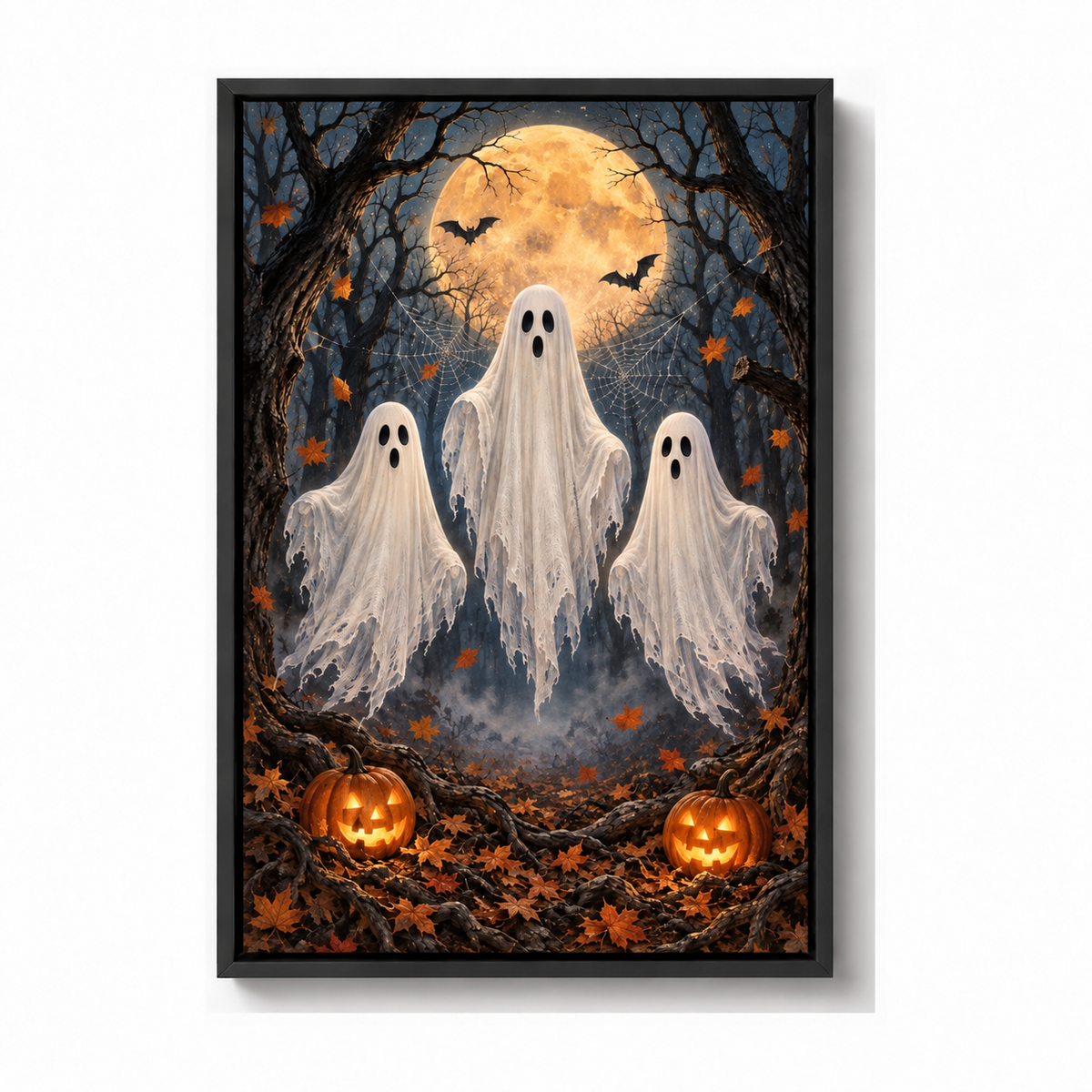 Three Friendly Ghosts Moonlit Forest Halloween — Black Frame finish product view | AUSJOJO