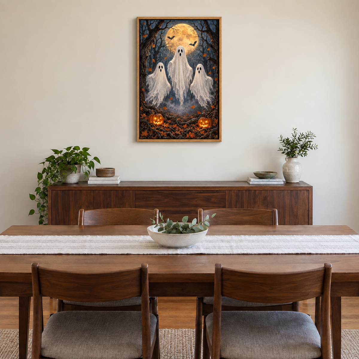 Three Friendly Ghosts Moonlit Forest Halloween — Brown Frame room scene | AUSJOJO