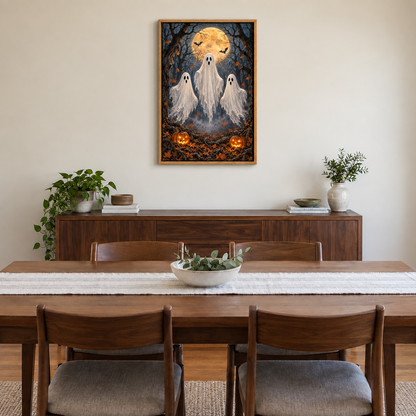 Three Friendly Ghosts Moonlit Forest Halloween — Brown Frame room scene | AUSJOJO