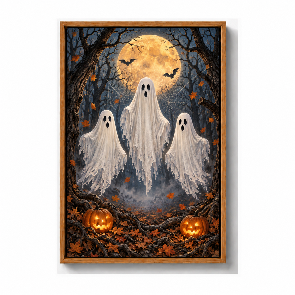 Three Friendly Ghosts Moonlit Forest Halloween — Brown Frame finish product view | AUSJOJO