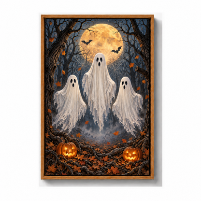 Three Friendly Ghosts Moonlit Forest Halloween — Brown Frame finish product view | AUSJOJO