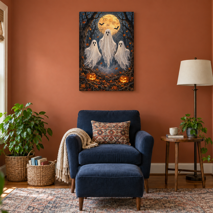 Three Friendly Ghosts Moonlit Forest Halloween — Stretched Canvas room scene | AUSJOJO