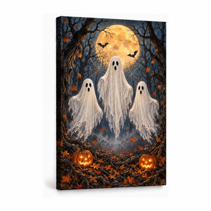 Three Friendly Ghosts Moonlit Forest Halloween — Stretched Canvas product view | AUSJOJO