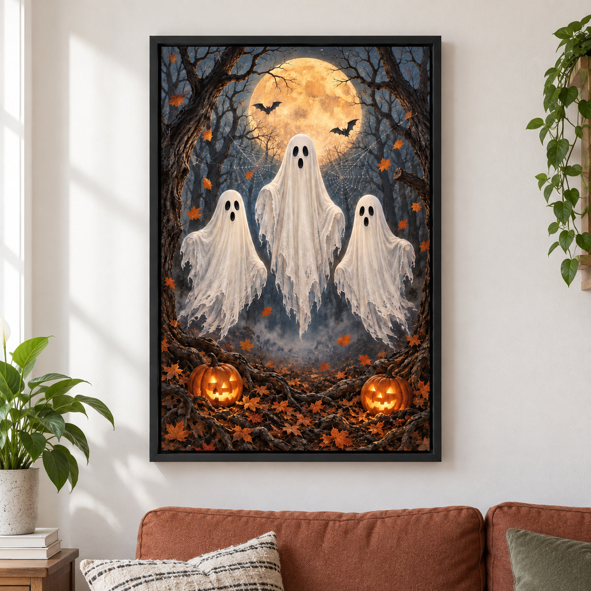 Three Friendly Ghosts Moonlit Forest Halloween — black framed wall scene | AUSJOJO