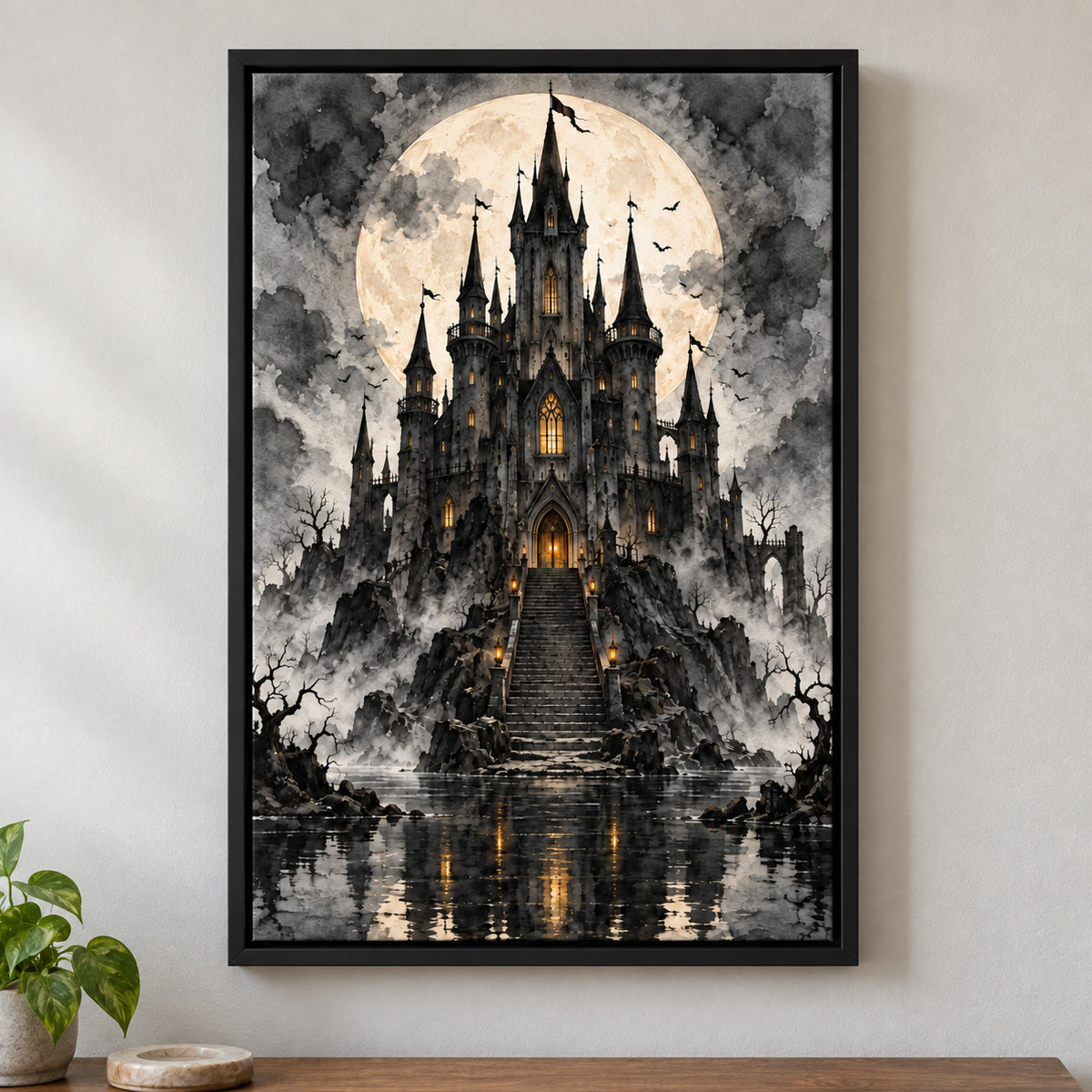 Moonlit Black Castle Gothic Halloween — black framed wall scene | AUSJOJO