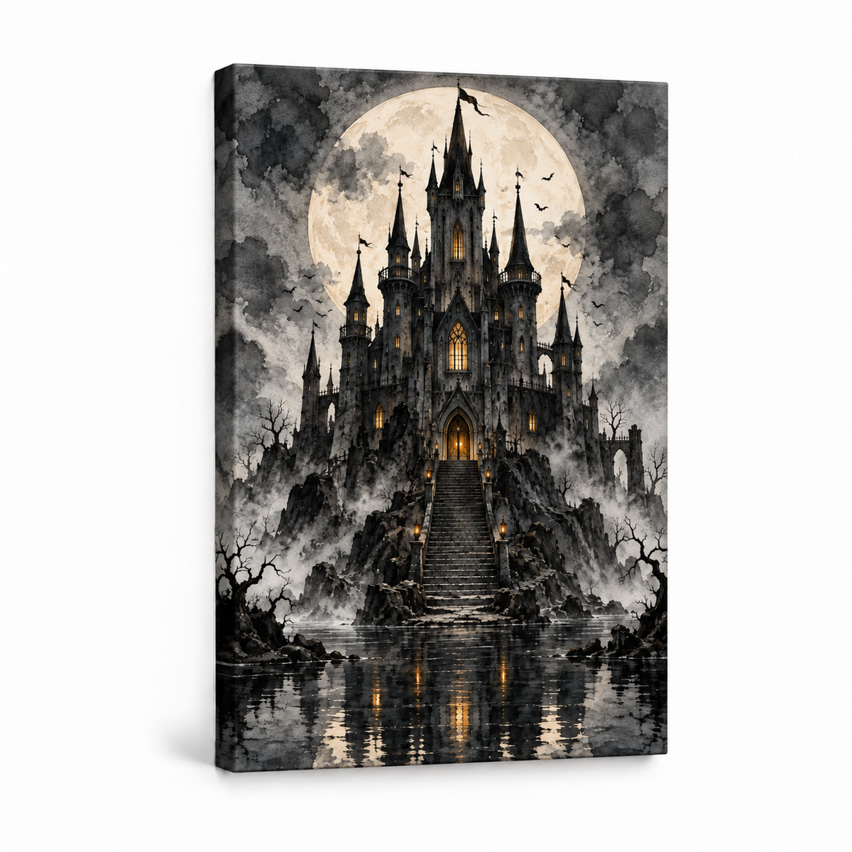 Moonlit Black Castle Gothic Halloween — Stretched Canvas product view | AUSJOJO