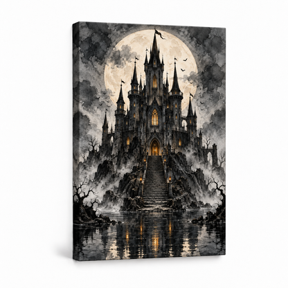 Moonlit Black Castle Gothic Halloween — Stretched Canvas product view | AUSJOJO