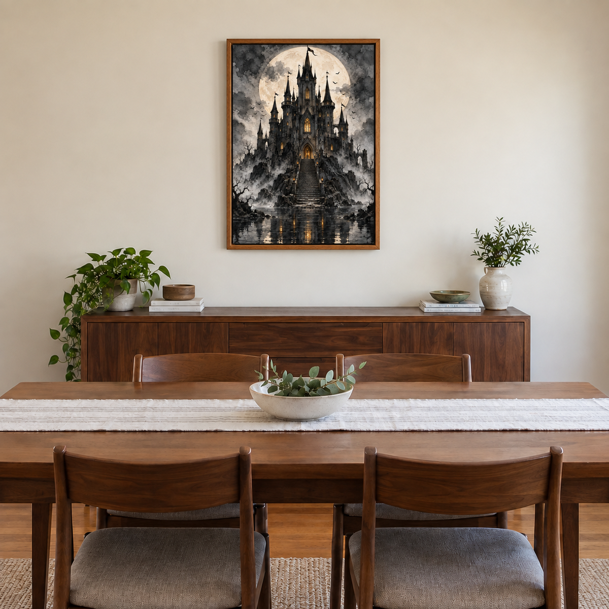 Moonlit Black Castle Gothic Halloween — Brown Frame room scene | AUSJOJO