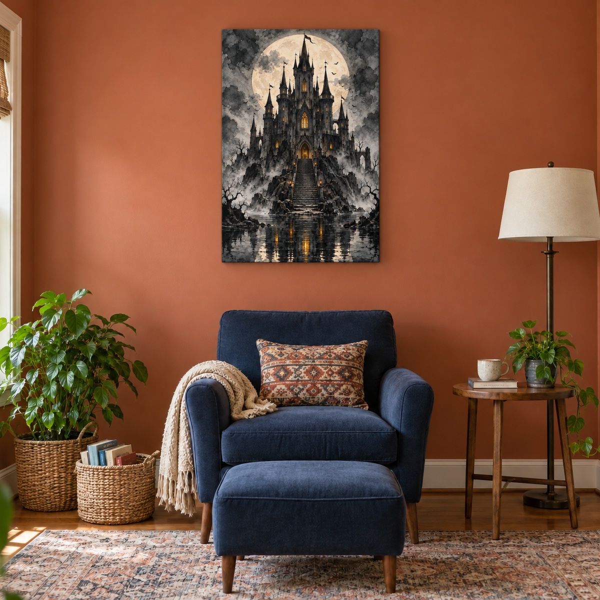 Moonlit Black Castle Gothic Halloween — Stretched Canvas room scene | AUSJOJO