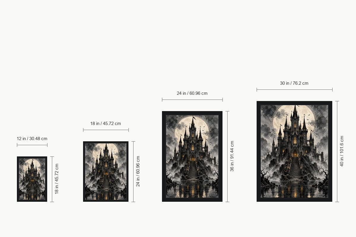 Moonlit Black Castle Gothic Halloween — size comparison guide | AUSJOJO