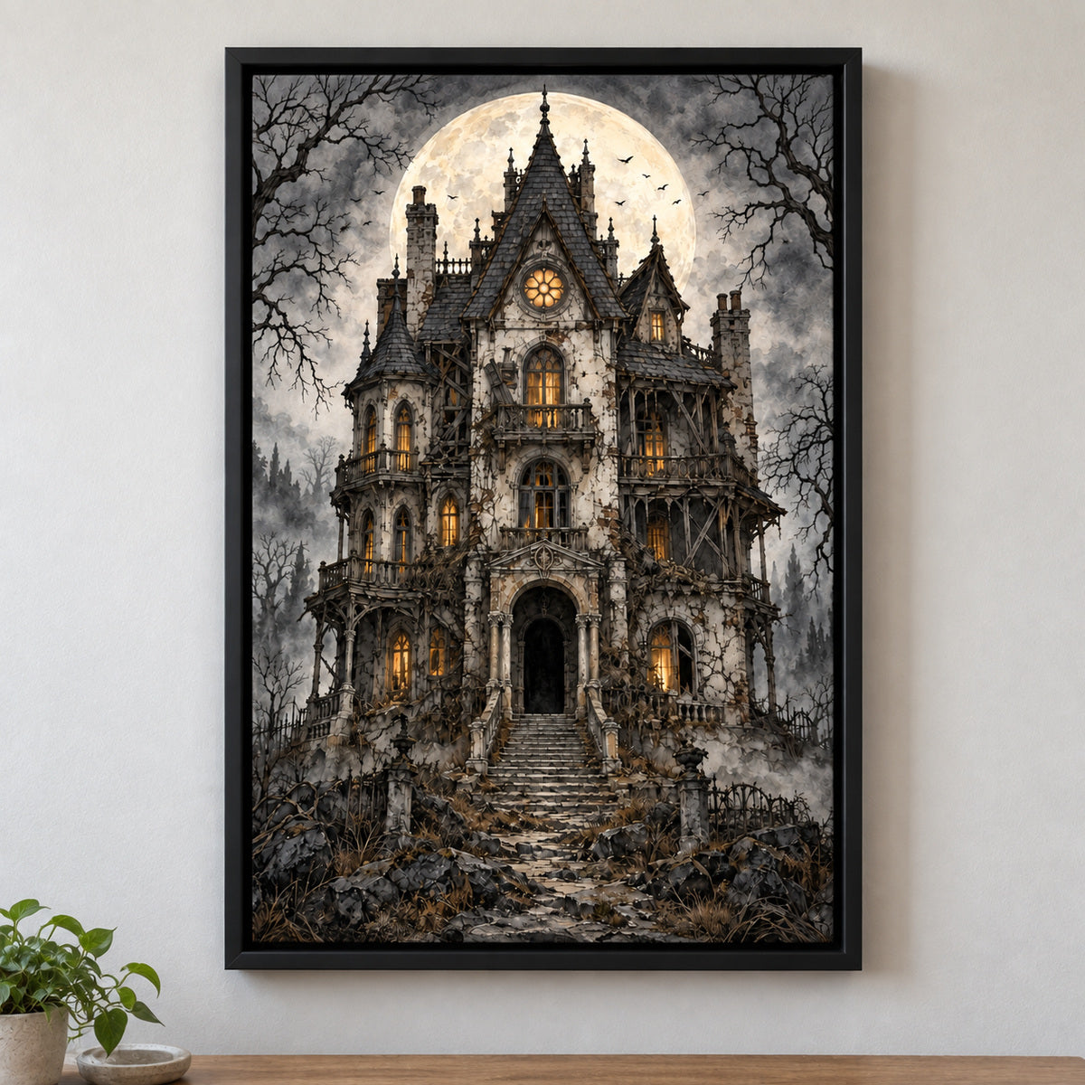 Ruined Haunted Mansion Moonlit Halloween — black framed wall scene | AUSJOJO