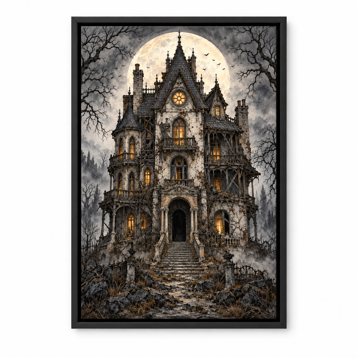 Ruined Haunted Mansion Moonlit Halloween — Black Frame finish product view | AUSJOJO
