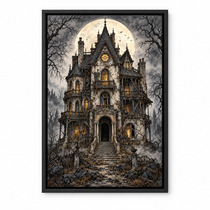 Ruined Haunted Mansion Moonlit Halloween — Black Frame finish product view | AUSJOJO