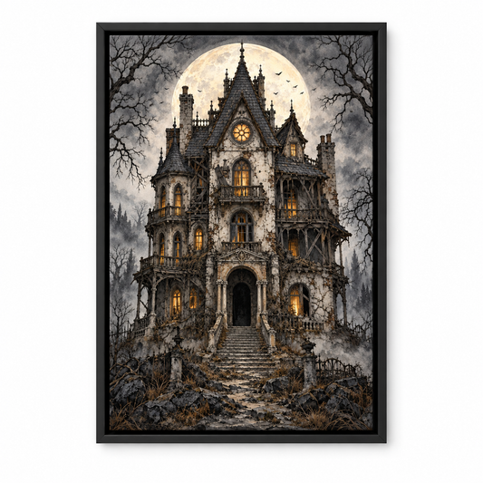 Ruined Haunted Mansion Moonlit Halloween — Black Frame finish product view | AUSJOJO