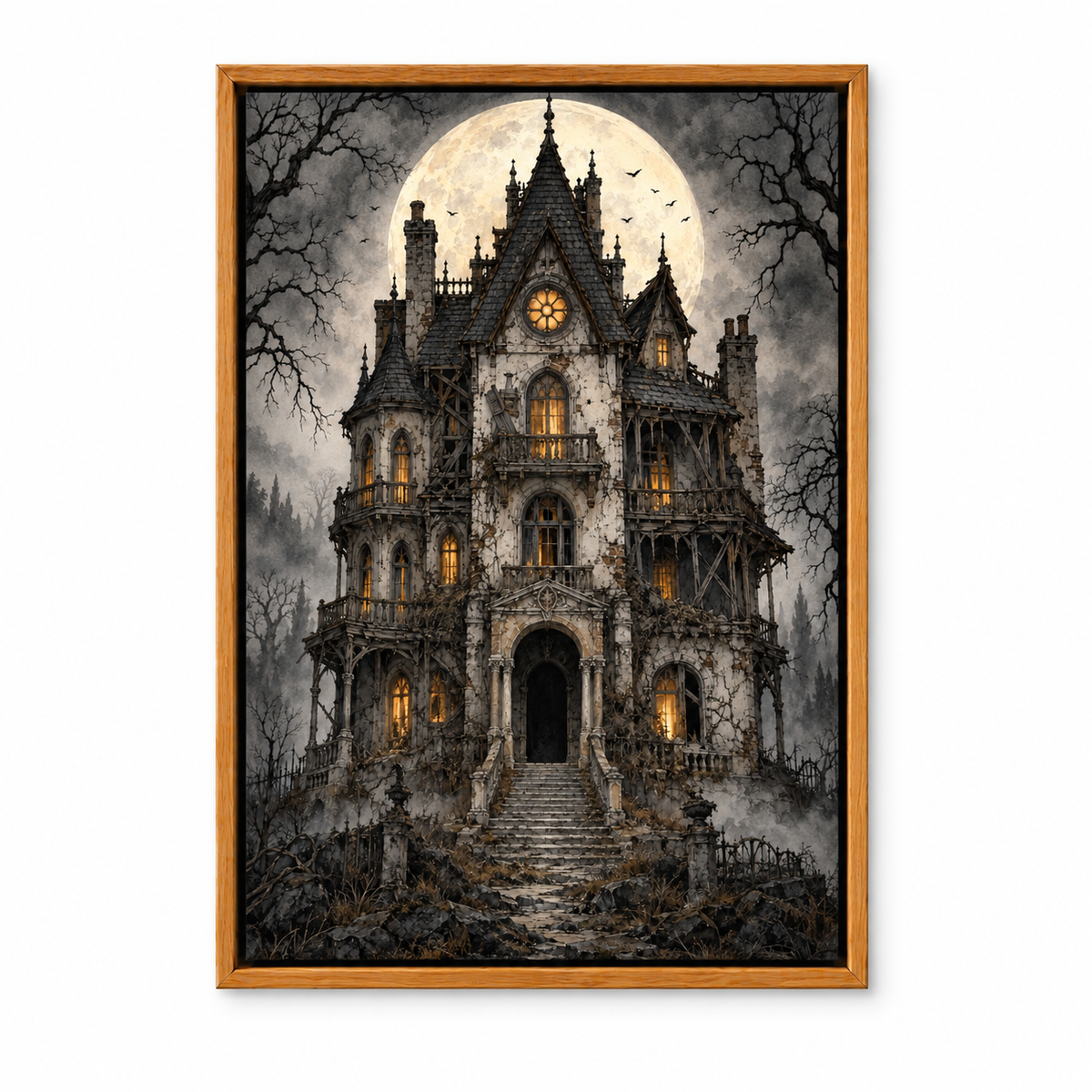 Ruined Haunted Mansion Moonlit Halloween — Brown Frame finish product view | AUSJOJO