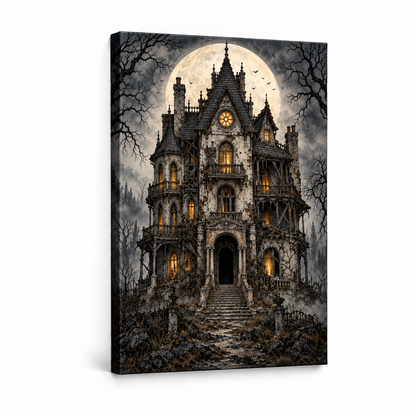 Ruined Haunted Mansion Moonlit Halloween — Stretched Canvas product view | AUSJOJO