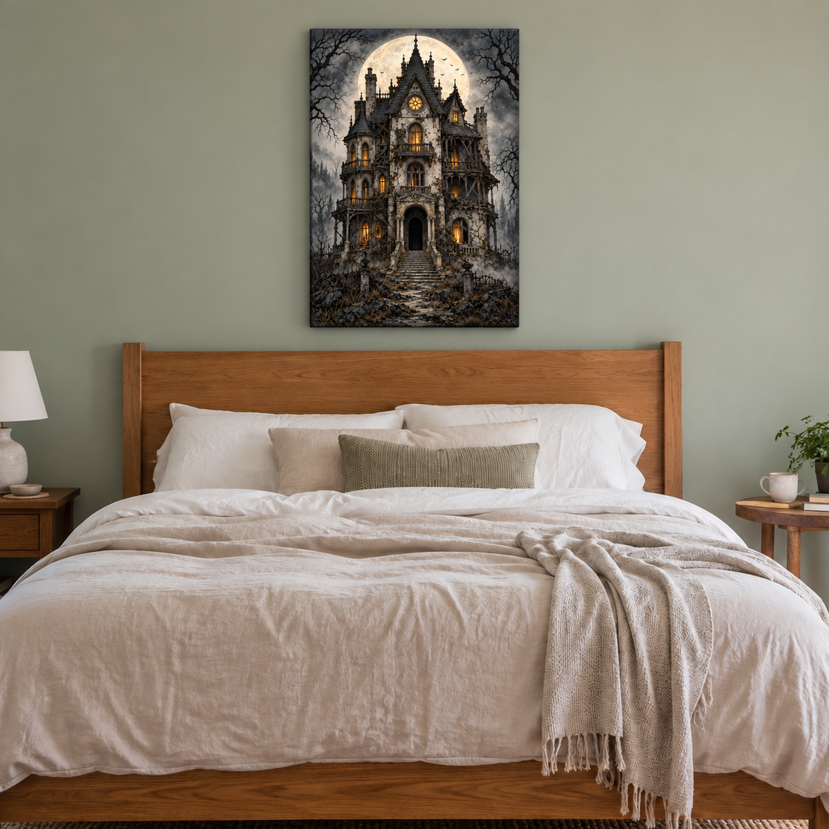 Ruined Haunted Mansion Moonlit Halloween — Stretched Canvas room scene | AUSJOJO
