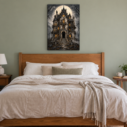 Ruined Haunted Mansion Moonlit Halloween — Stretched Canvas room scene | AUSJOJO