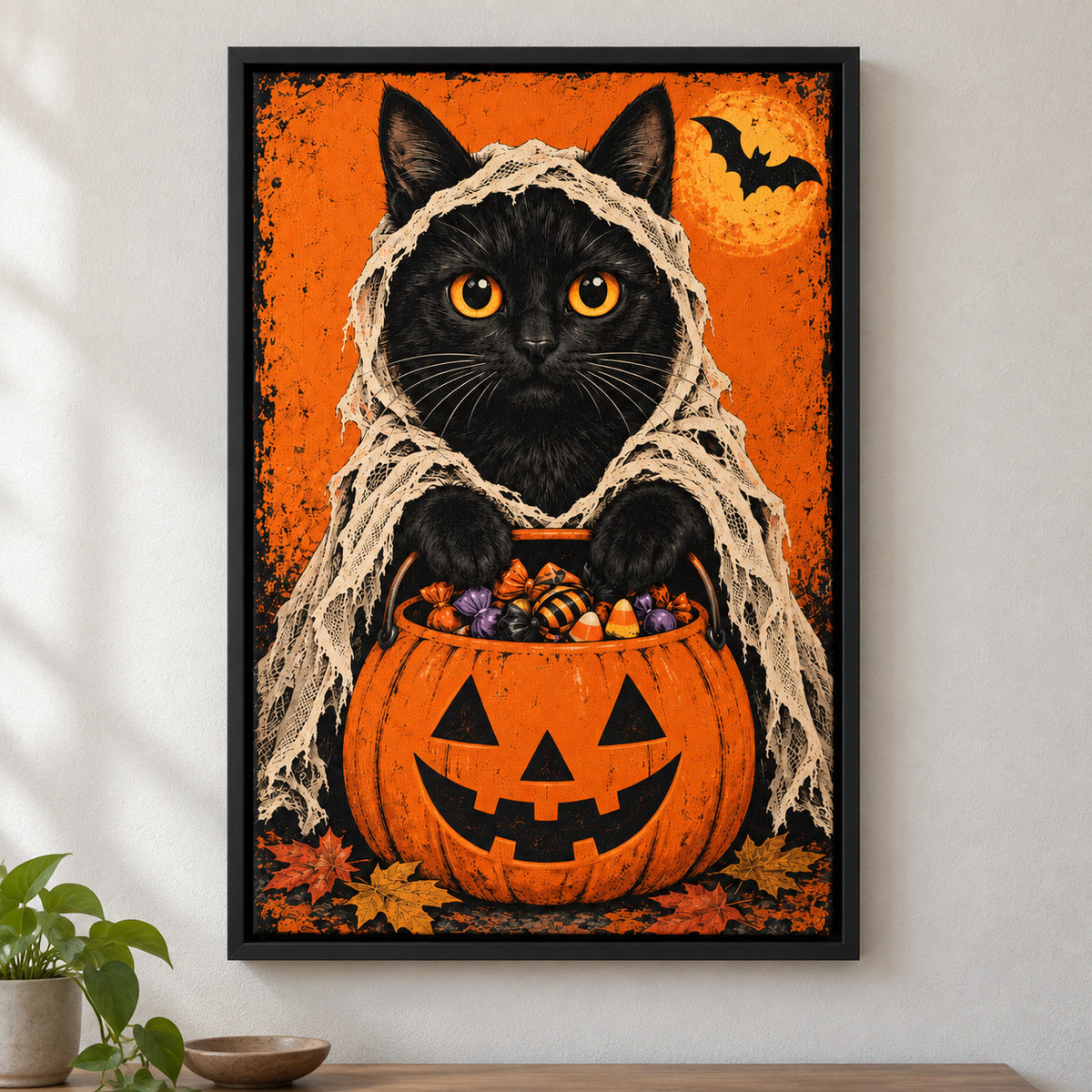 Shrouded Black Cat Candy Bucket Halloween — black framed wall scene | AUSJOJO