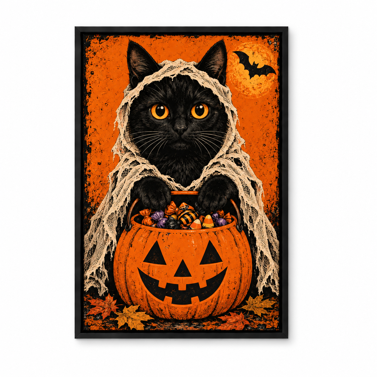 Shrouded Black Cat Candy Bucket Halloween — Black Frame finish product view | AUSJOJO