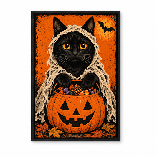 Shrouded Black Cat Candy Bucket Halloween — Black Frame finish product view | AUSJOJO