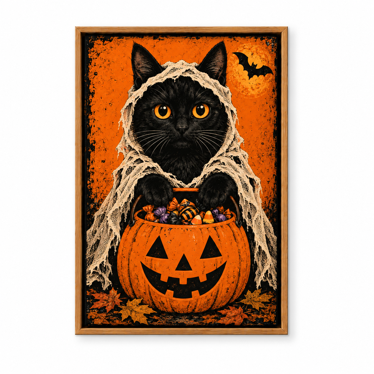 Shrouded Black Cat Candy Bucket Halloween — Brown Frame finish product view | AUSJOJO