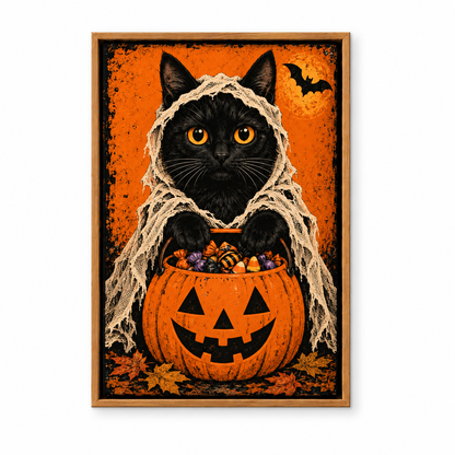 Shrouded Black Cat Candy Bucket Halloween — Brown Frame finish product view | AUSJOJO