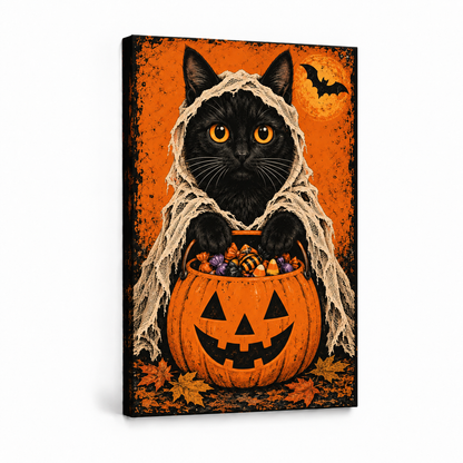 Shrouded Black Cat Candy Bucket Halloween — Stretched Canvas product view | AUSJOJO
