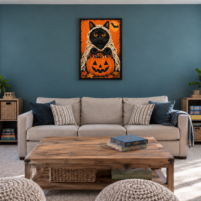 Shrouded Black Cat Candy Bucket Halloween — Black Frame room scene | AUSJOJO