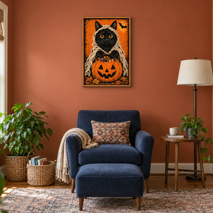 Shrouded Black Cat Candy Bucket Halloween — Brown Frame room scene | AUSJOJO