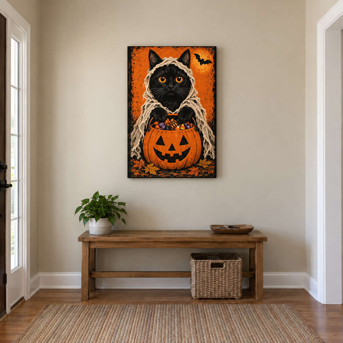 Shrouded Black Cat Candy Bucket Halloween — Stretched Canvas room scene | AUSJOJO