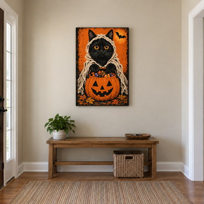 Shrouded Black Cat Candy Bucket Halloween — Stretched Canvas room scene | AUSJOJO