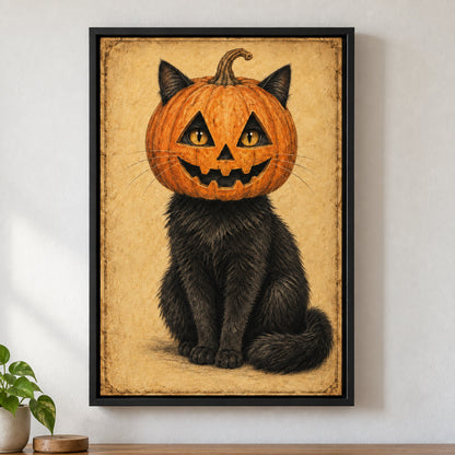 Pumpkin Head Black Cat Vintage Halloween — black framed wall scene | AUSJOJO