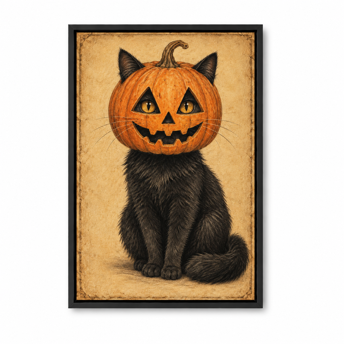 Pumpkin Head Black Cat Vintage Halloween — Black Frame finish product view | AUSJOJO