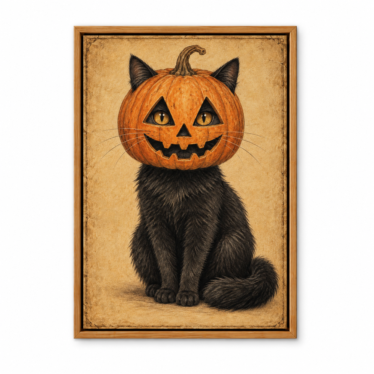 Pumpkin Head Black Cat Vintage Halloween — Brown Frame finish product view | AUSJOJO