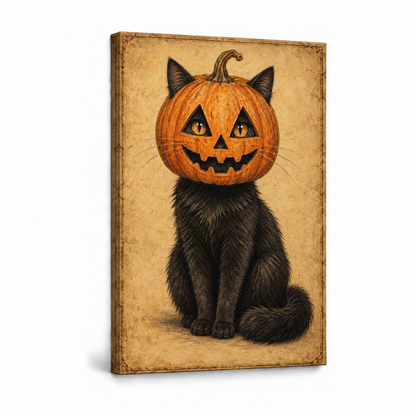 Pumpkin Head Black Cat Vintage Halloween — Stretched Canvas product view | AUSJOJO