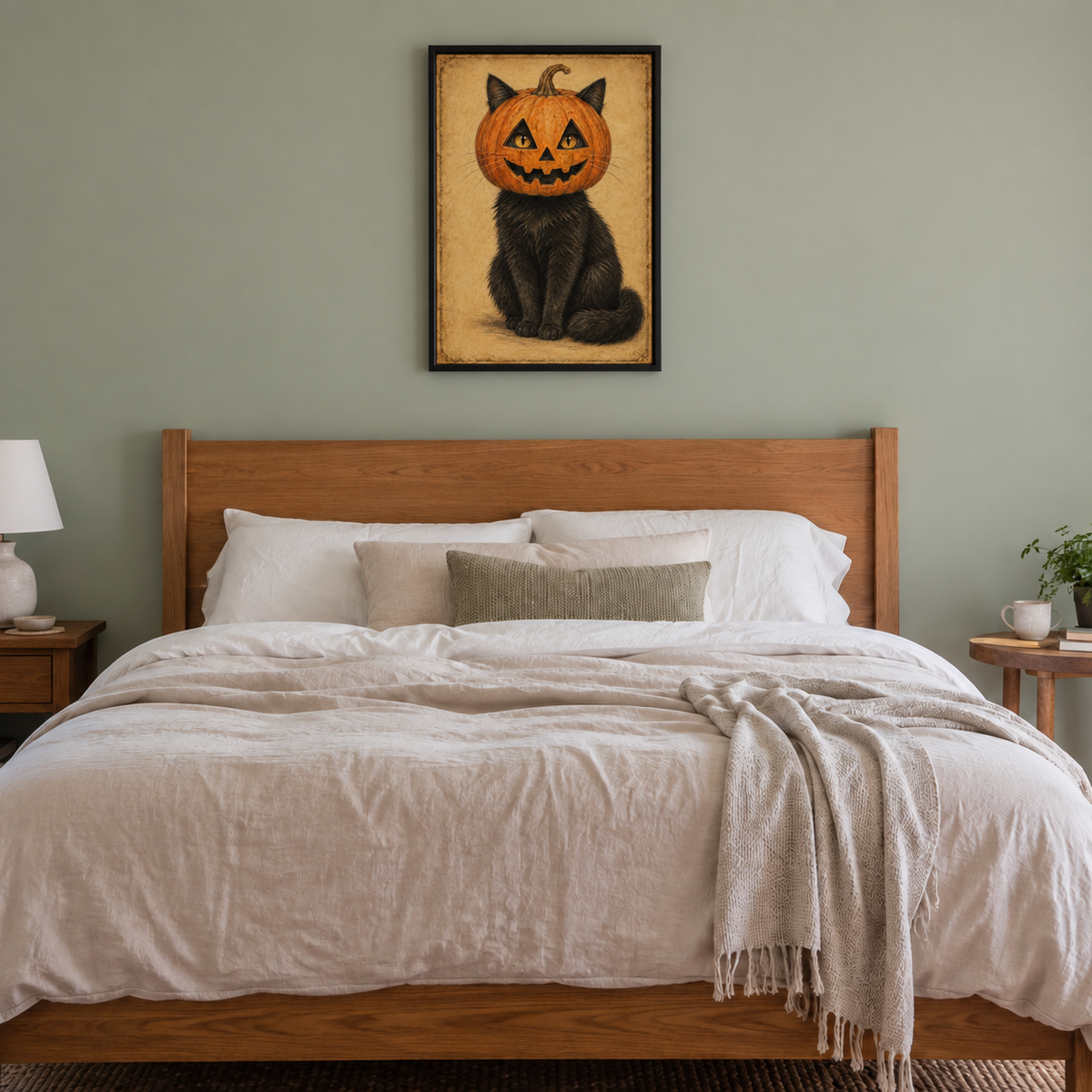 Pumpkin Head Black Cat Vintage Halloween — Black Frame room scene | AUSJOJO