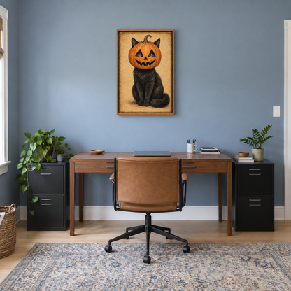 Pumpkin Head Black Cat Vintage Halloween — Brown Frame room scene | AUSJOJO