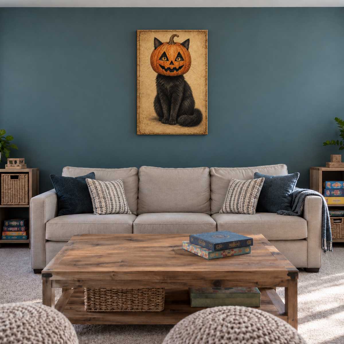 Pumpkin Head Black Cat Vintage Halloween — Stretched Canvas room scene | AUSJOJO