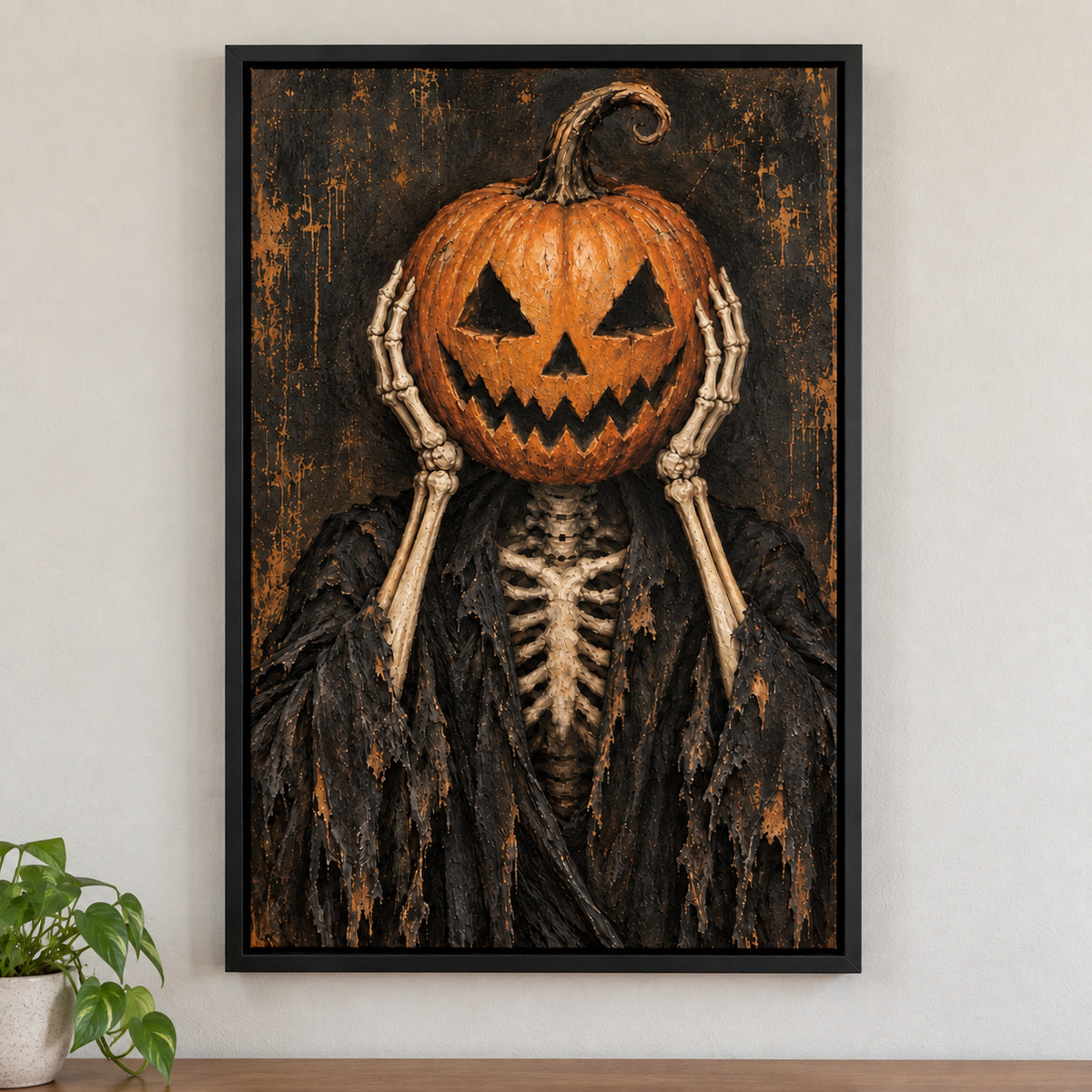 Skeletal Jack O Lantern Gothic Halloween — black framed wall scene | AUSJOJO
