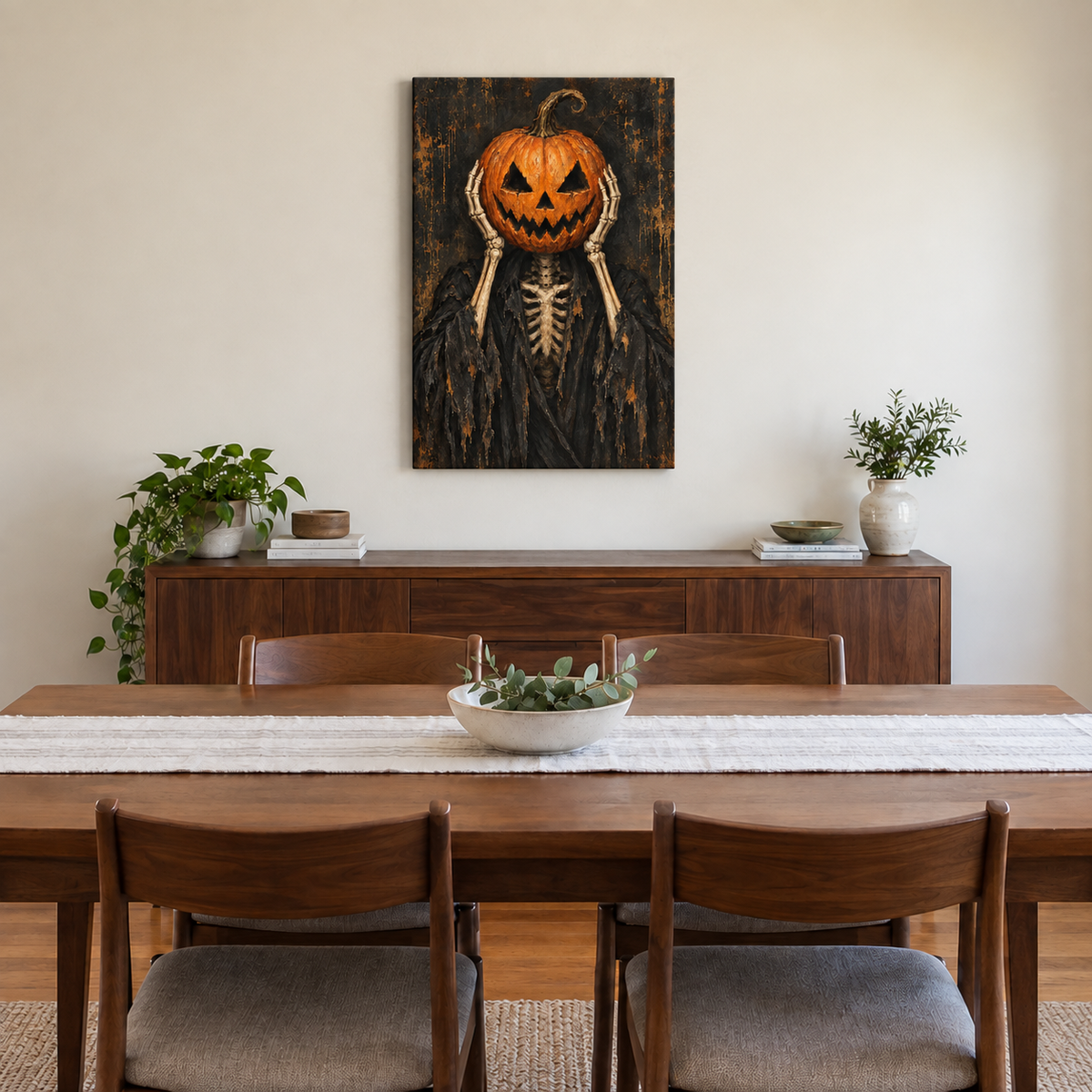 Skeletal Jack O Lantern Gothic Halloween — Stretched Canvas room scene | AUSJOJO