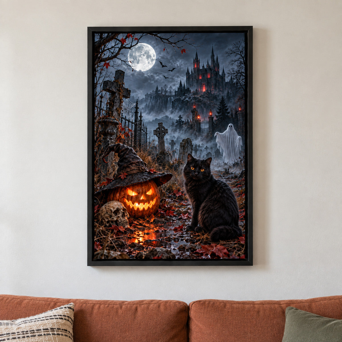 Black Cat and Ghost Moonlit Cemetery Halloween — black framed wall scene | AUSJOJO