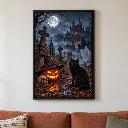 Black Cat and Ghost Moonlit Cemetery Halloween — black framed wall scene | AUSJOJO