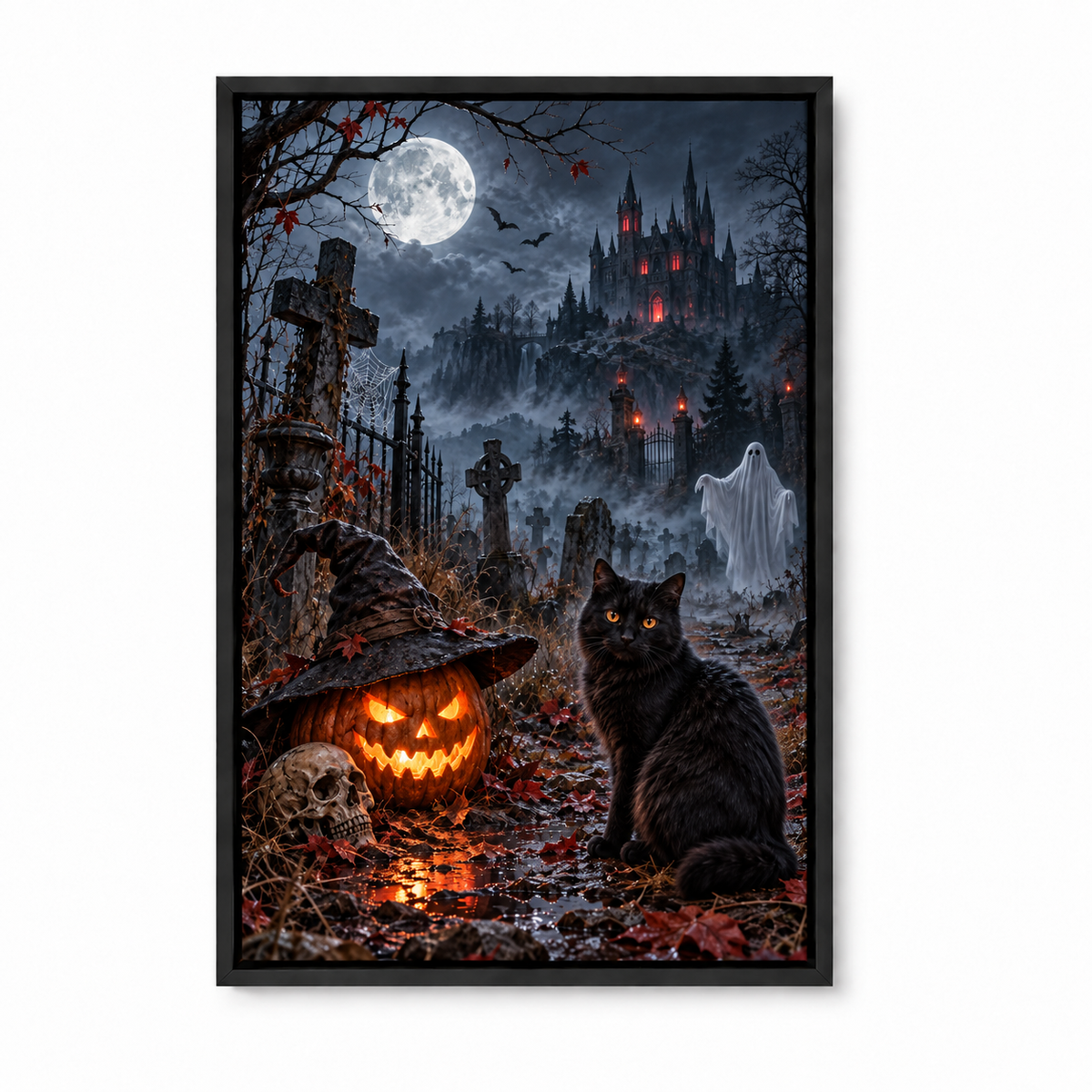 Black Cat and Ghost Moonlit Cemetery Halloween — Black Frame finish product view | AUSJOJO