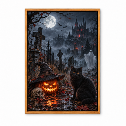 Black Cat and Ghost Moonlit Cemetery Halloween — Brown Frame finish product view | AUSJOJO