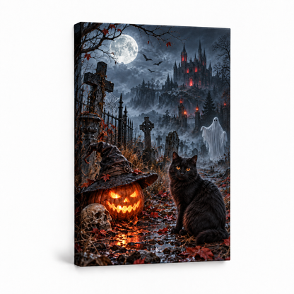 Black Cat and Ghost Moonlit Cemetery Halloween — Stretched Canvas product view | AUSJOJO