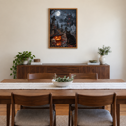 Black Cat and Ghost Moonlit Cemetery Halloween — Brown Frame room scene | AUSJOJO