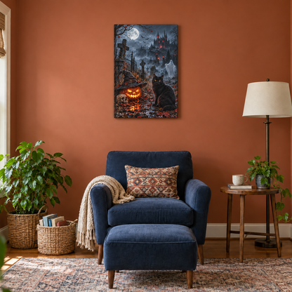 Black Cat and Ghost Moonlit Cemetery Halloween — Stretched Canvas room scene | AUSJOJO