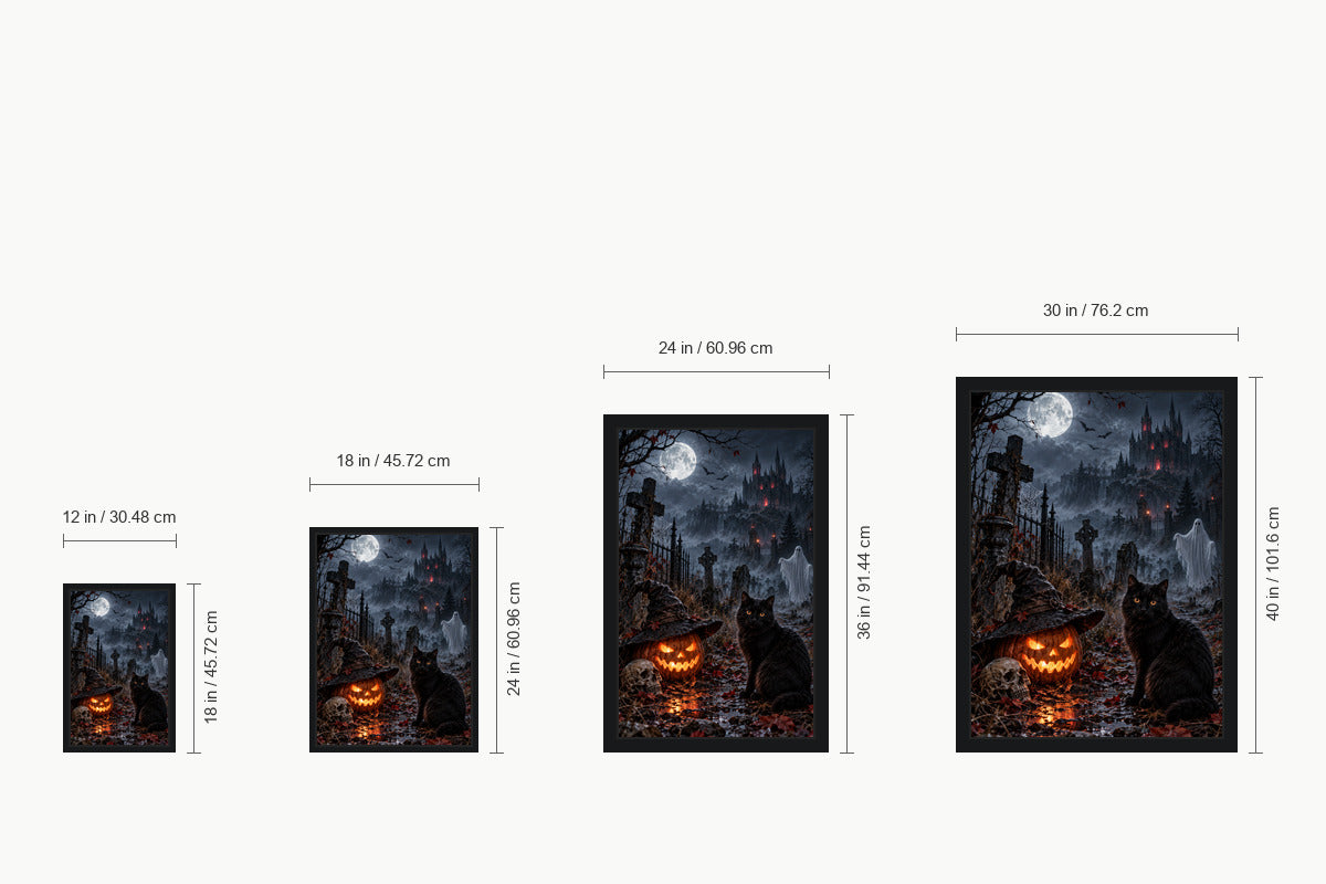 Black Cat and Ghost Moonlit Cemetery Halloween — size comparison guide | AUSJOJO